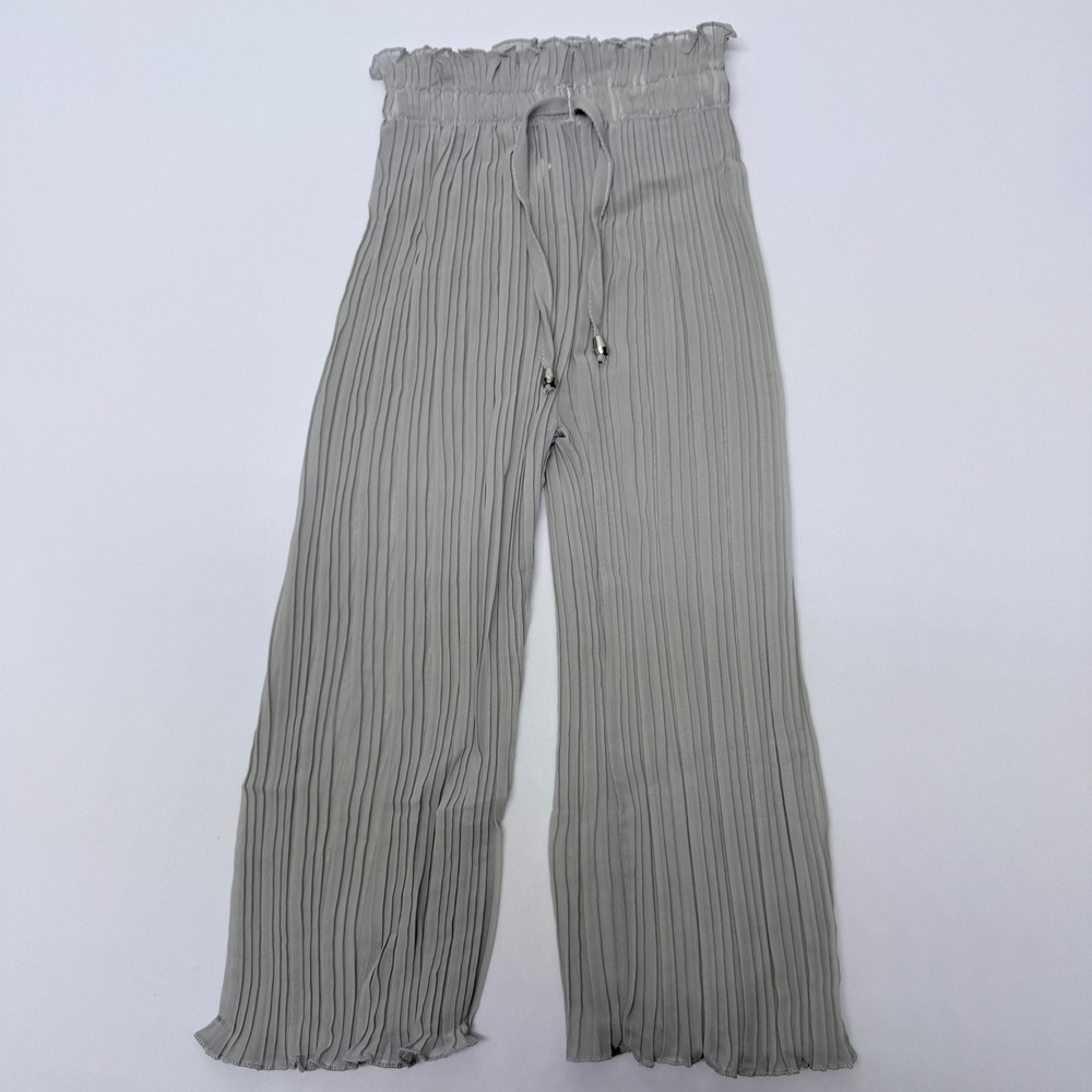 Gray Pleated Girl Wide Leg Pants Elastic Paperbag Waist Lettuce Hem Size 150